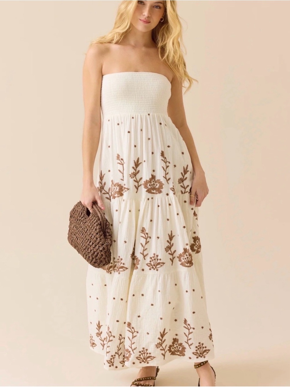 Bohemian Strapless Embroidered Maxi Dress in Cream and Brown